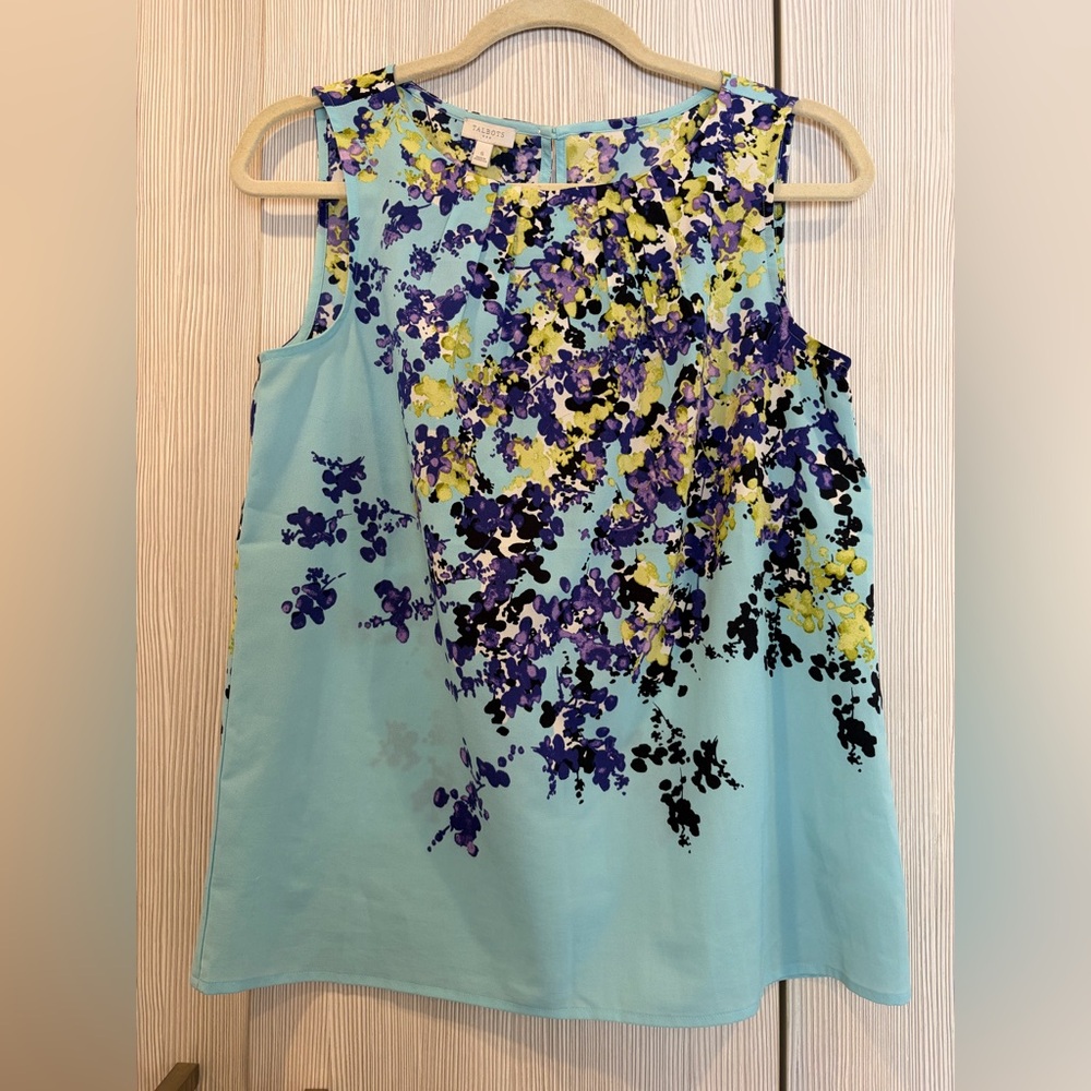 Talbots Small Aqua Floral Sleeveless Blouse Pleated‎ Front Office Spring